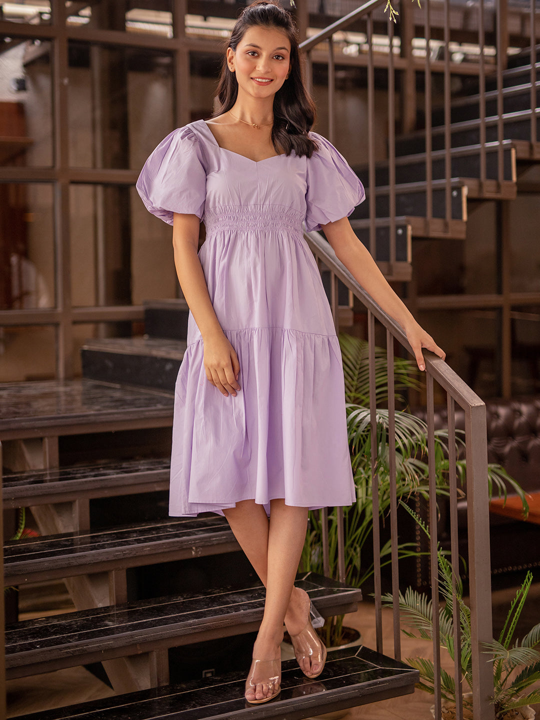 Lilac Bishop Sleeve Shirred Waistline Dress