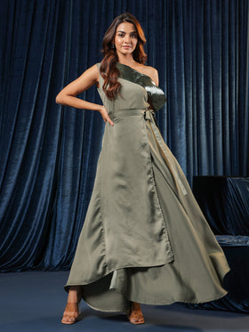 Olive Satin Embellished Dress