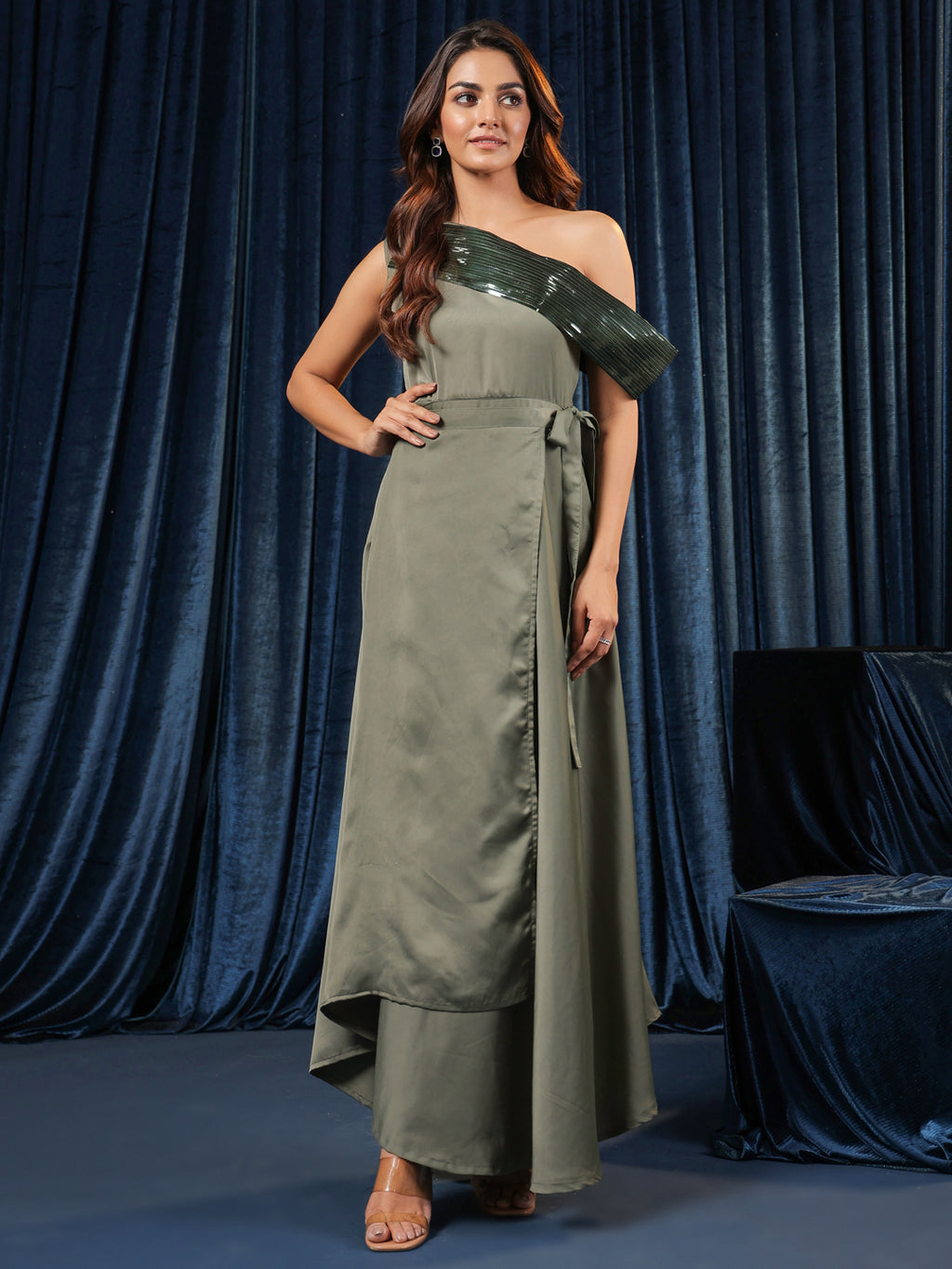 Olive Satin Embellished Dress
