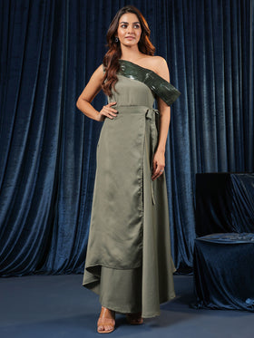 Olive Satin Embellished Dress