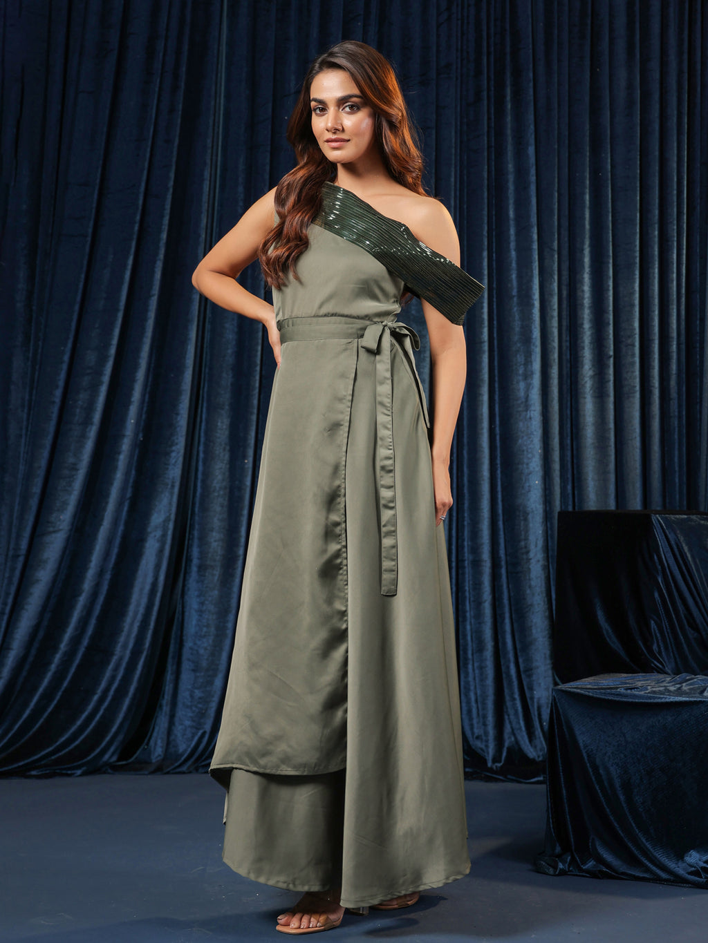 Olive Satin Embellished Dress