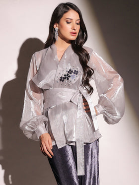 Mystic Slate Organza Embellished Top