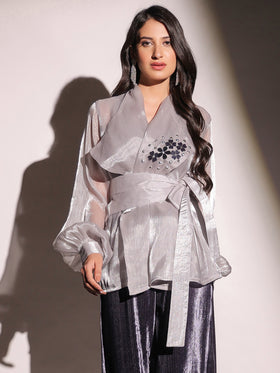 Mystic Slate Organza Embellished Top