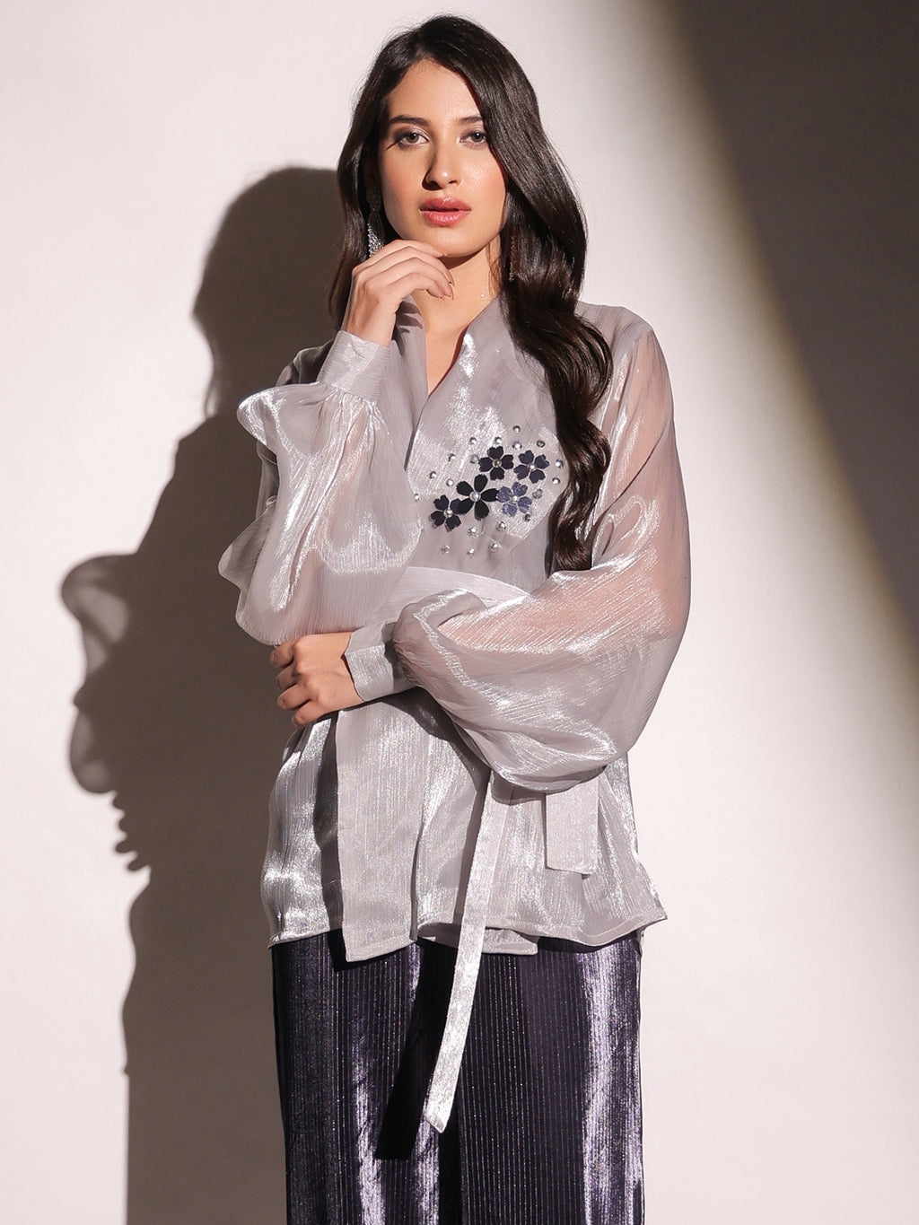 Mystic Slate Organza Embellished Top