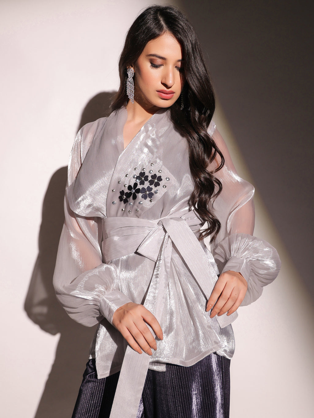 Mystic Slate Organza Embellished Top