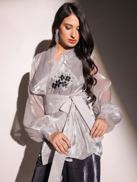 Mystic Slate Organza Embellished Top