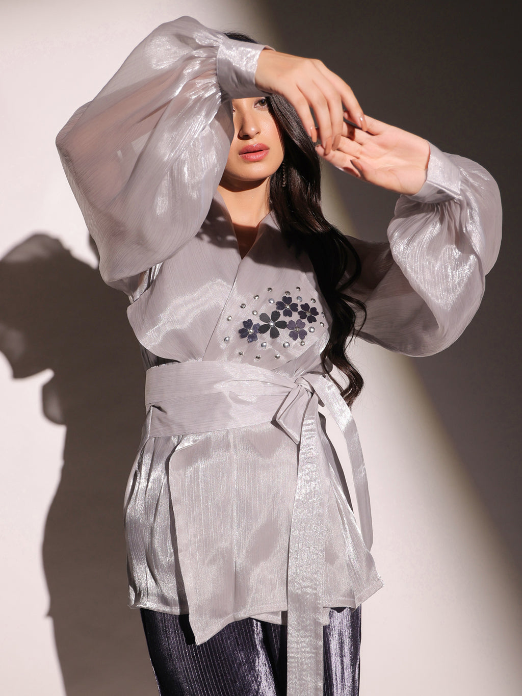 Mystic Slate Organza Embellished Top