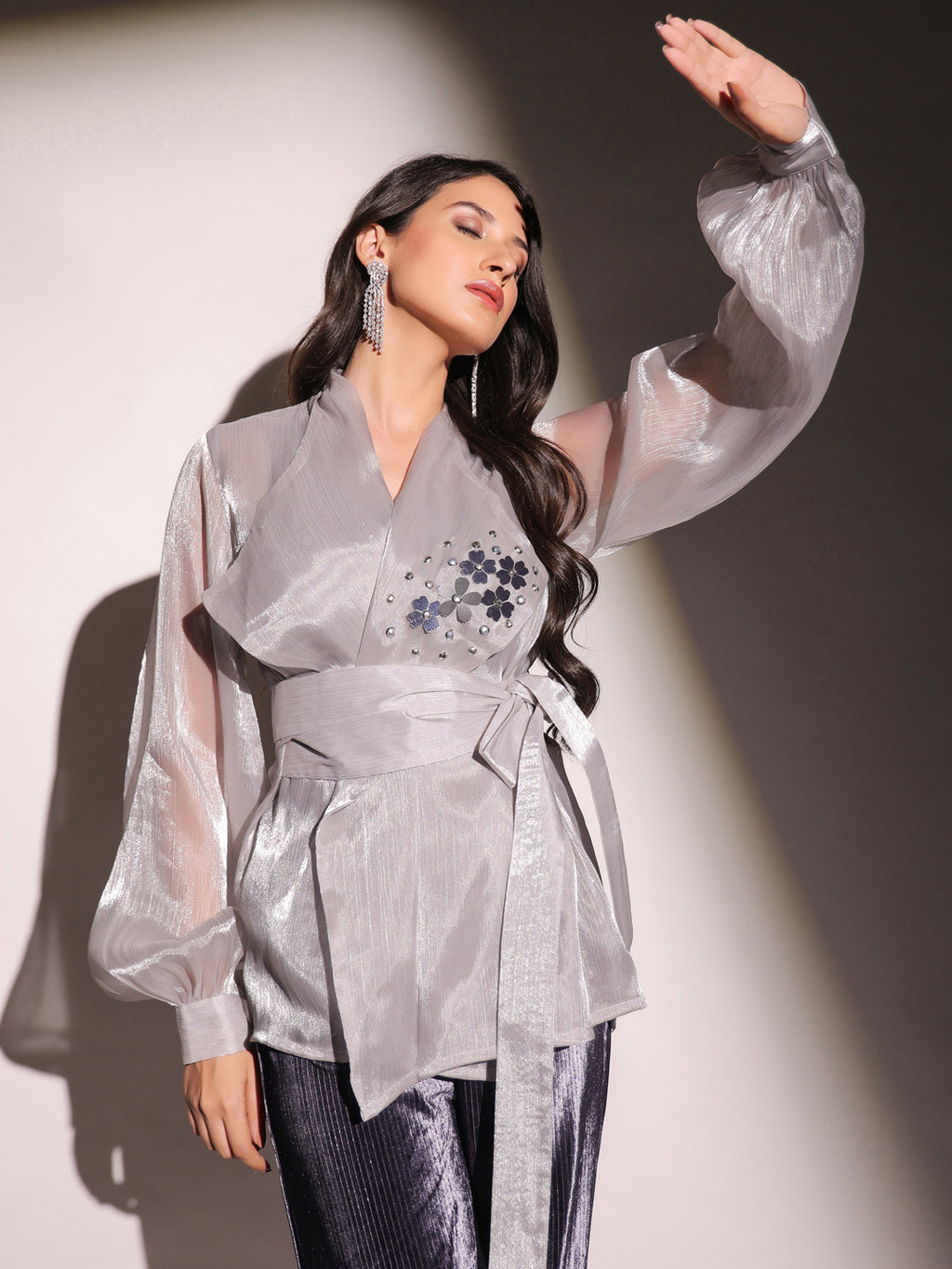 Mystic Slate Organza Embellished Top