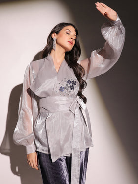 Mystic Slate Organza Embellished Top