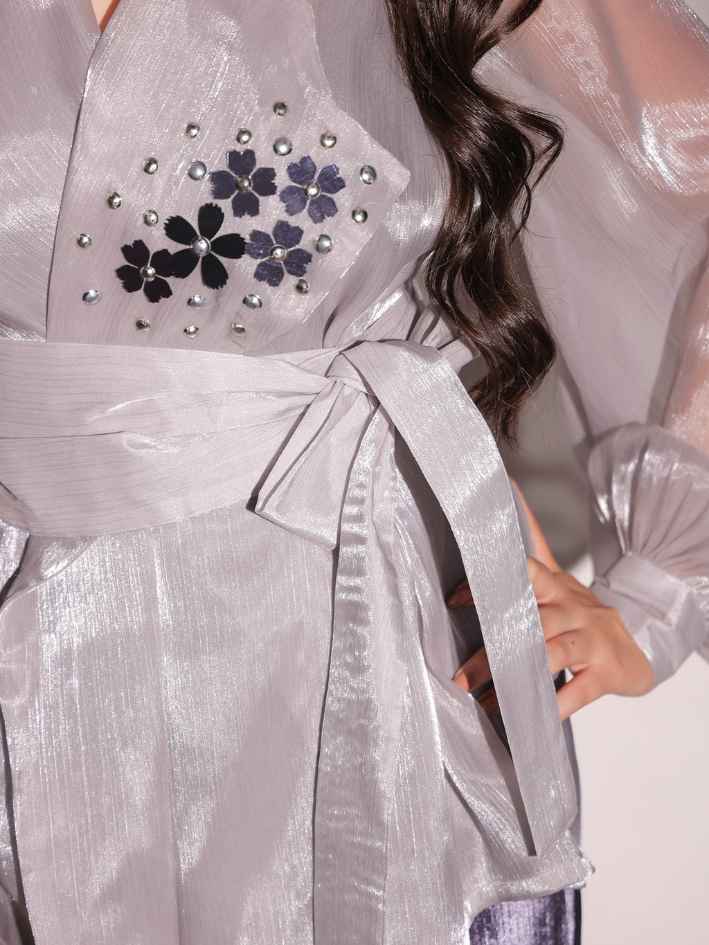 Mystic Slate Organza Embellished Top