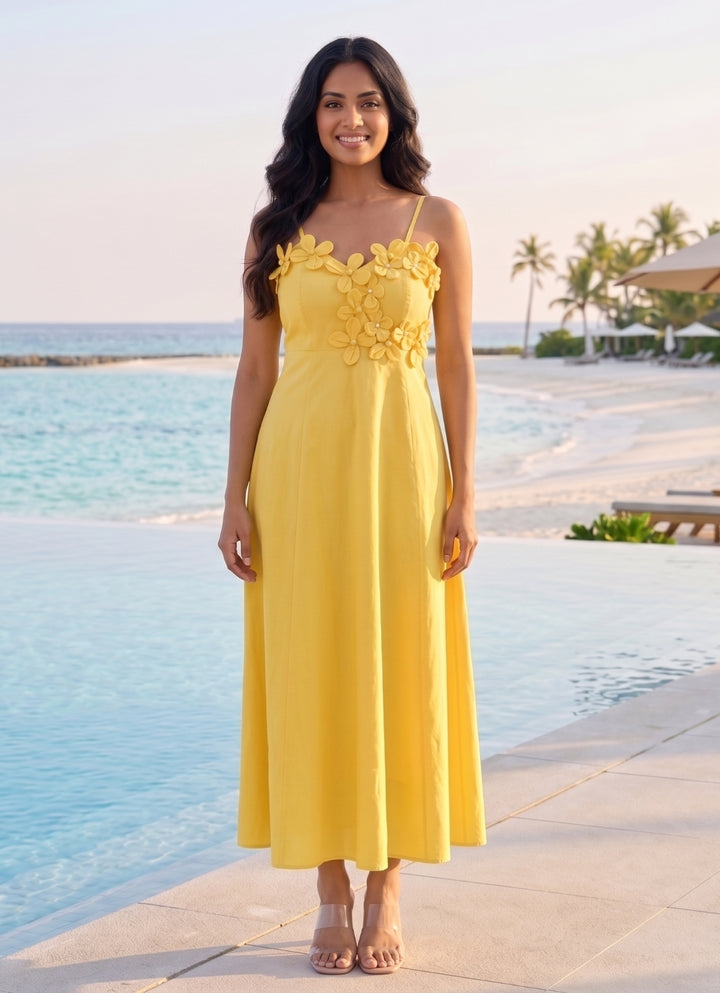 Sunshine Yellow Pearl Applique Maxi Dress
