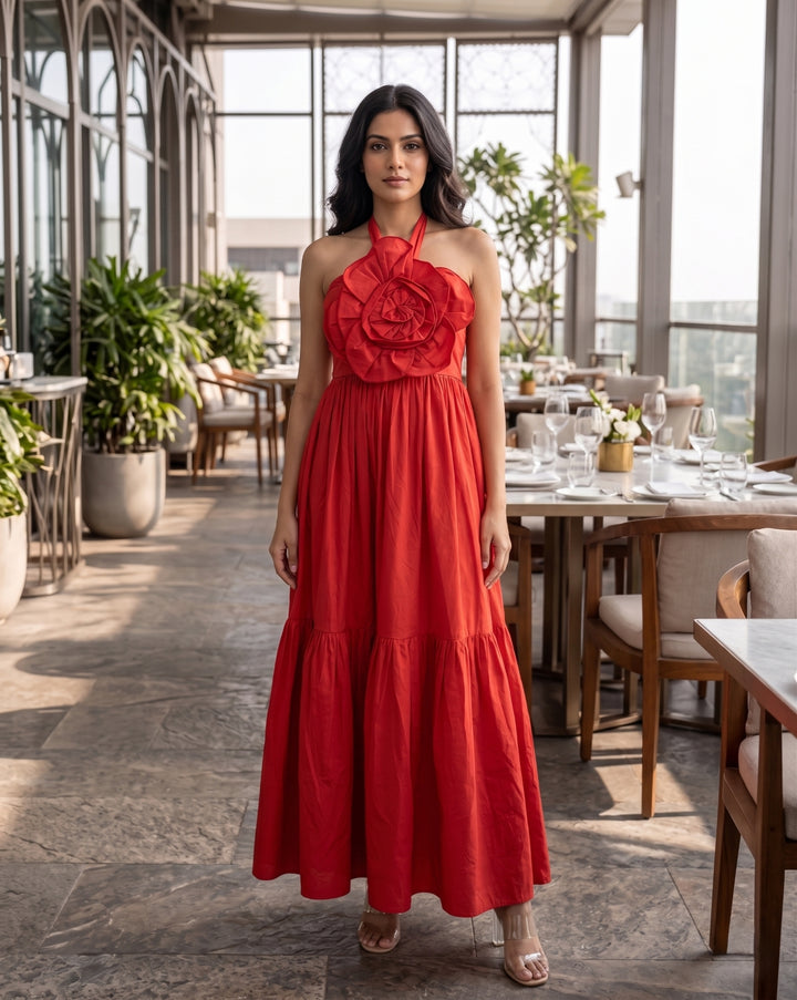 Red Applique Halter Maxi Dress