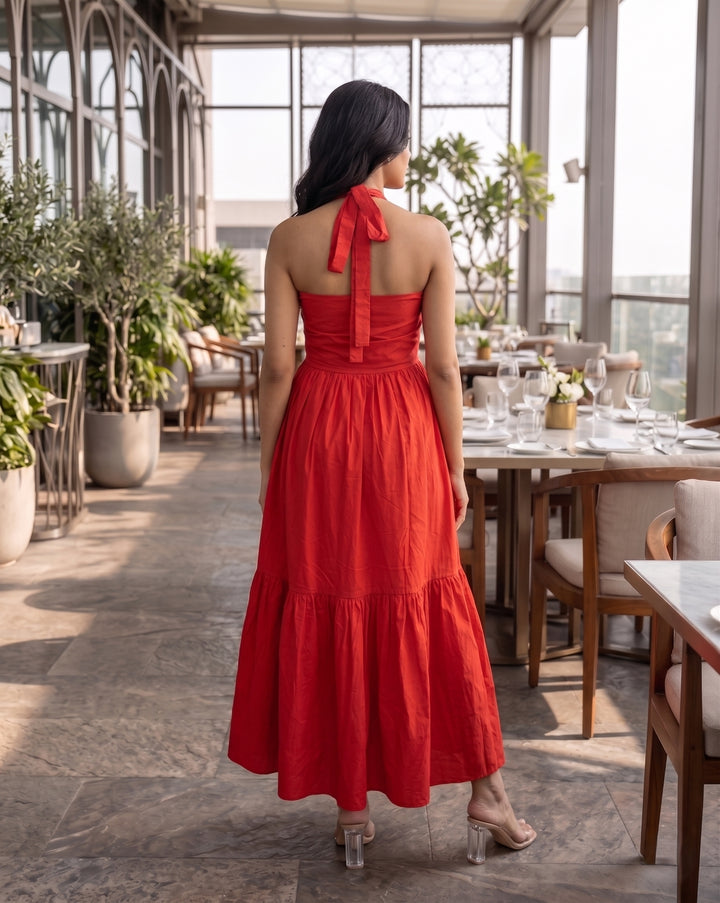Red Applique Halter Maxi Dress
