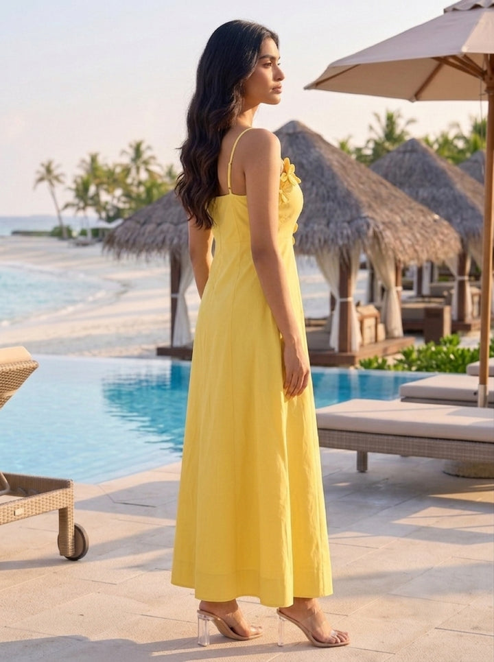 Sunshine Yellow Pearl Applique Maxi Dress