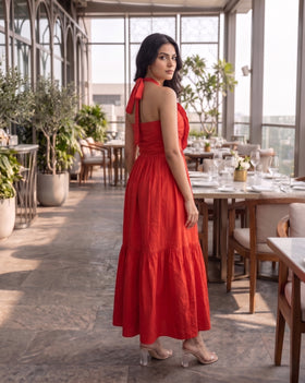 Red Applique Halter Maxi Dress