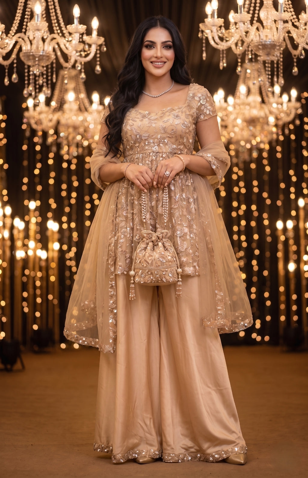 Champagne Embellished Sharara Set