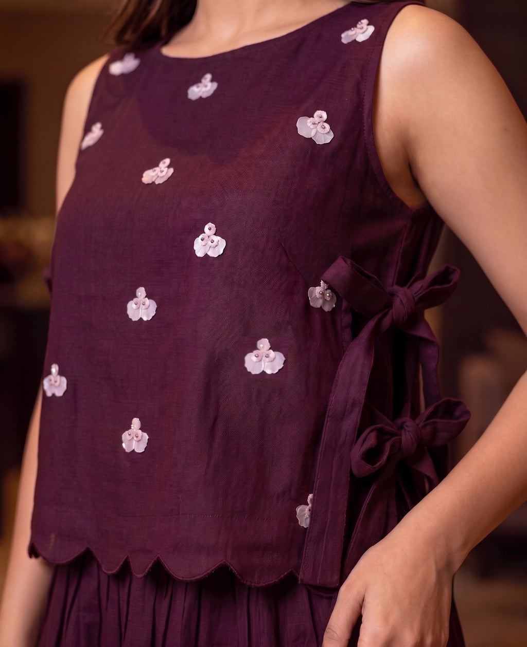 Wine Linen Embellished Co-ord Set