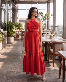 Red Applique Halter Maxi Dress