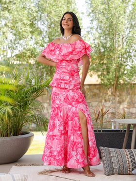 Rose Peony Ruffled Off Shoulder Dress