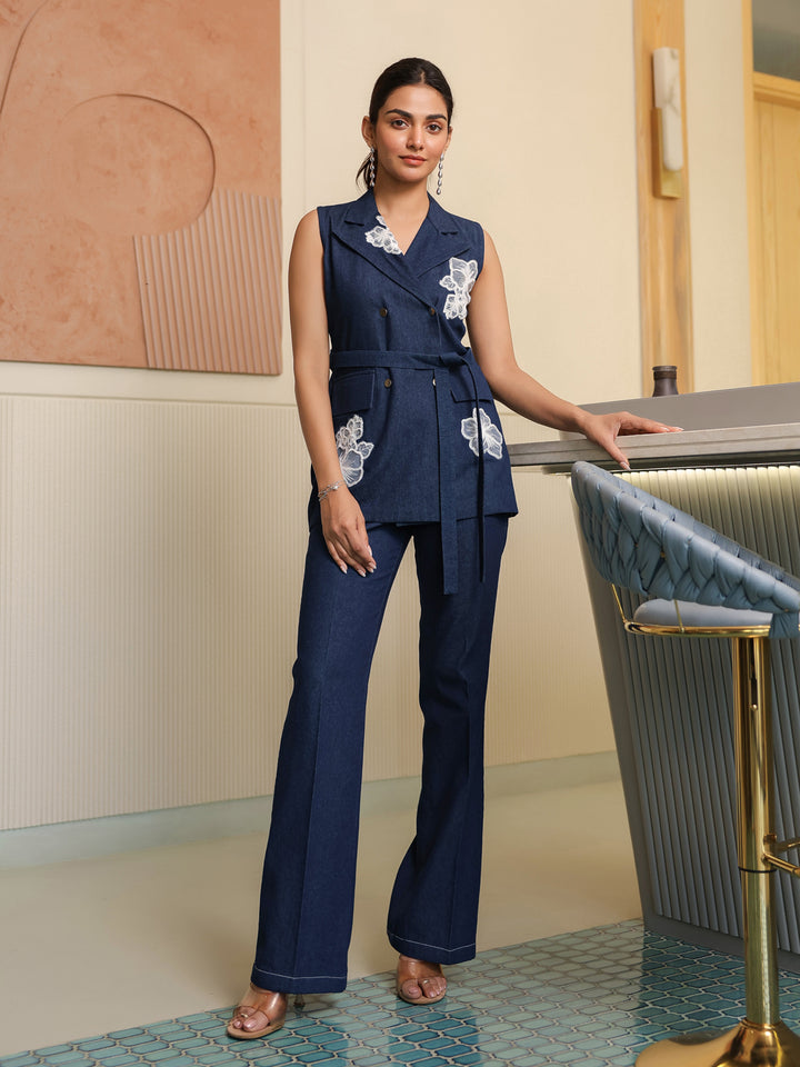 Embroidered Denim Blazer & Trousers Set