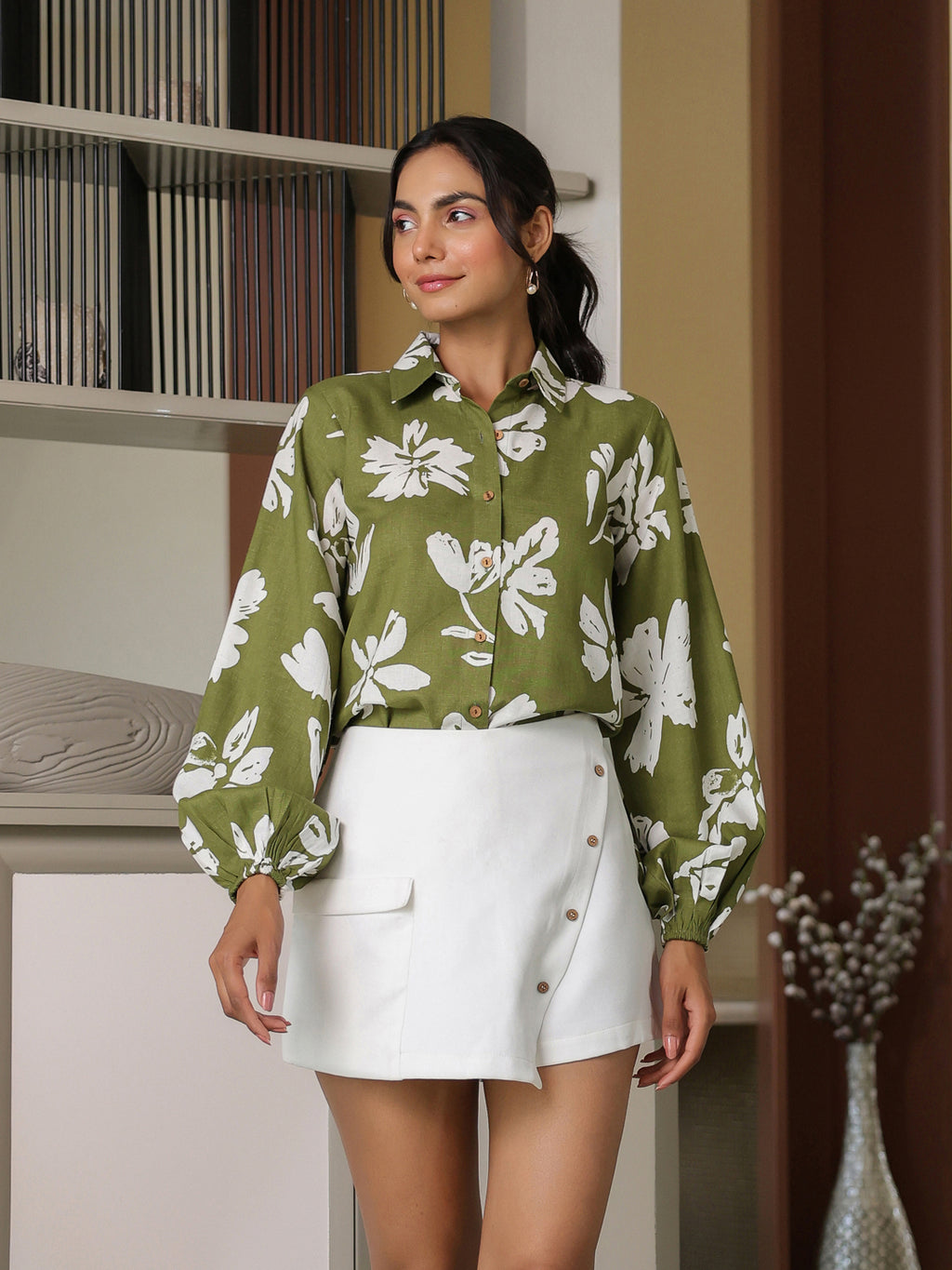 Olive Abstract Floral Shirt