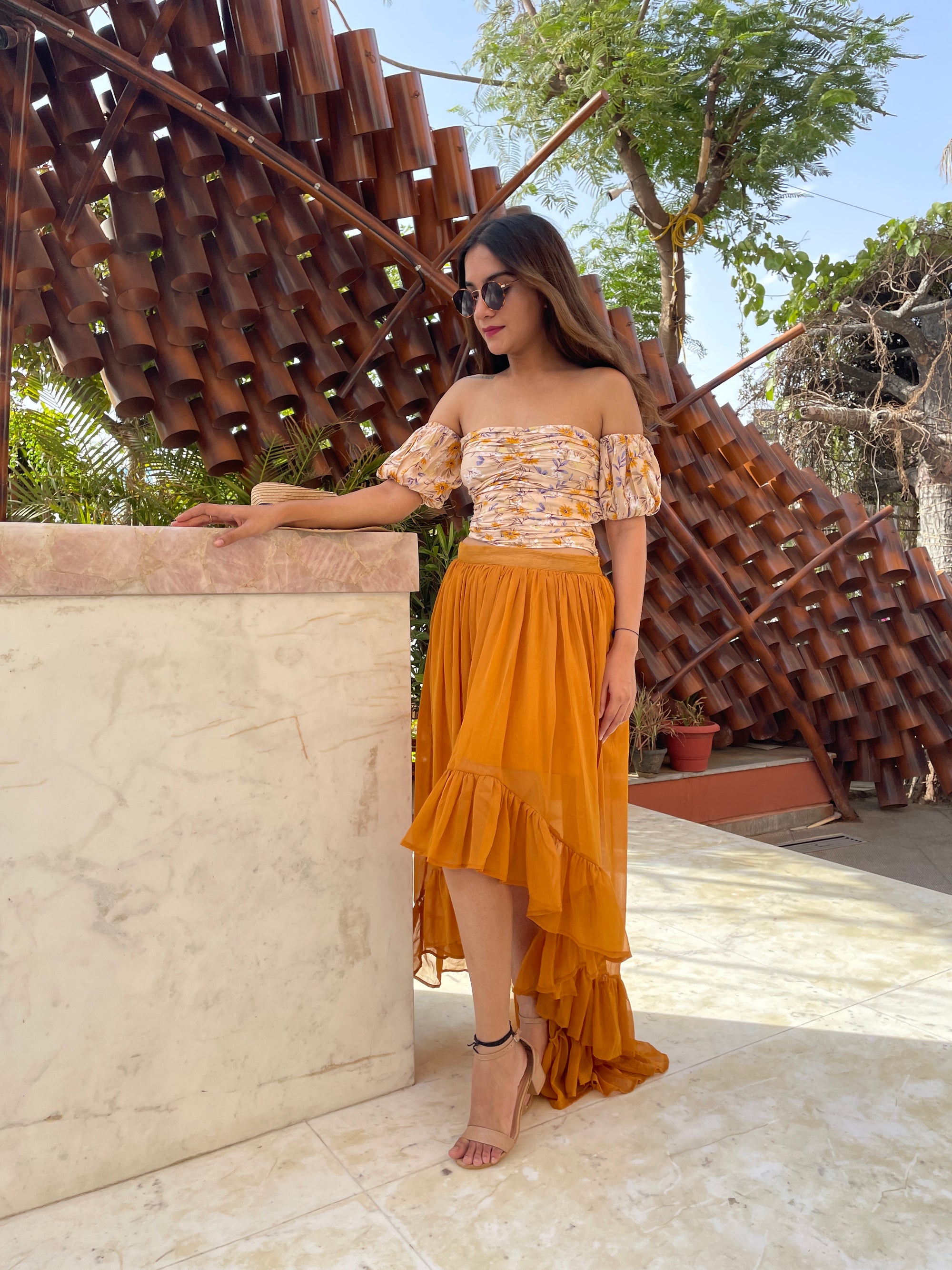 Top and Mustard Skirt Set for Women