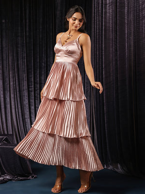 Classic Metallic Pleated Tiered Maxi Gown