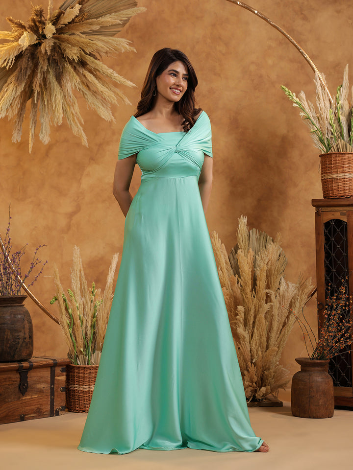 Mint Twist Front Off Shoulder Gown