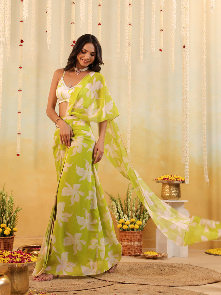 Lime Tropical Embellished Draped Saree