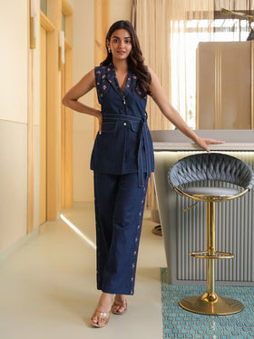 Floral Denim Blazer & Trousers Set