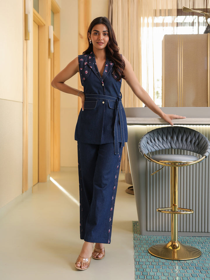 Floral Denim Blazer & Trousers Set