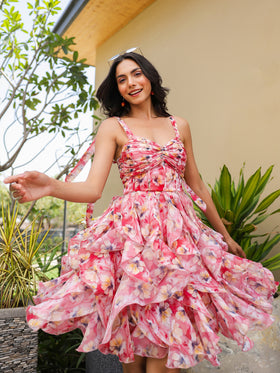 Red Hibiscus Ruffle Tier Dress