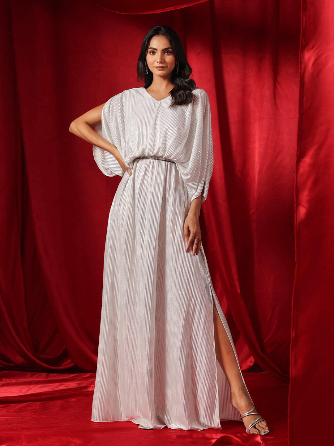 Metallic White Drape Gown