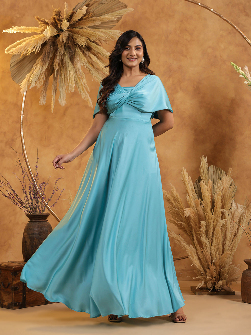 Cyan Blue Twist Front Off Shoulder Gown