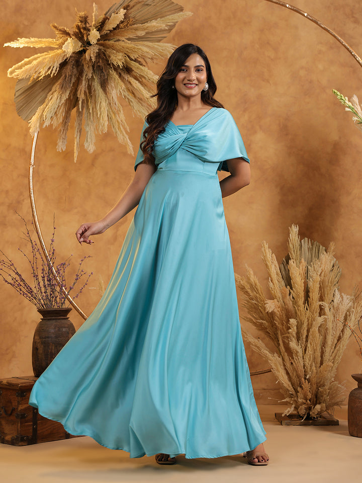 Cyan Blue Twist Front Off Shoulder Gown