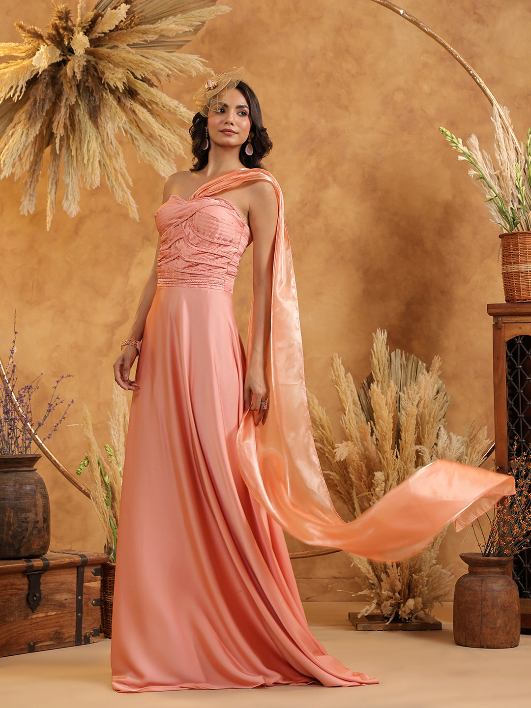 peach colored formal dresses Enchanted Drape Gown while the subtle layers Goddess Plus Size Prom tagged3.26.24 Size:50 Long & any size pants (add Size in payment comment section)