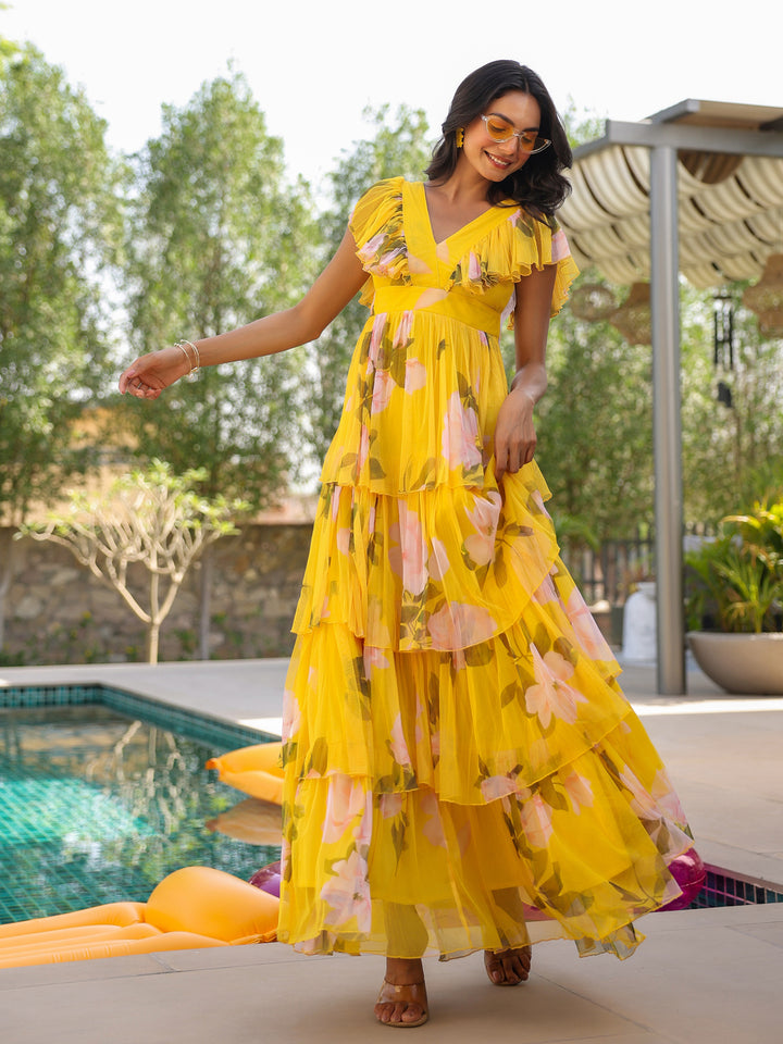 Sunshine Floral Ruffle Tiered Tulle Gown