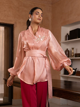 Salmon Organza Embellished Top