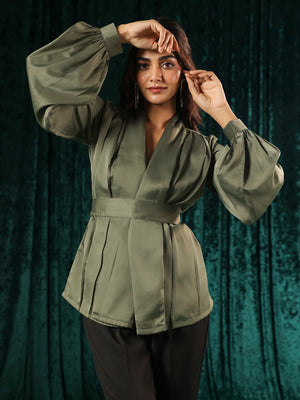 Olive Surplice Front Lantern Sleeve Top