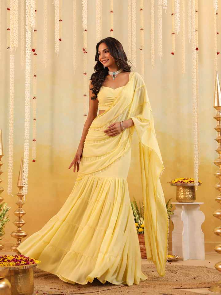 Butter Yellow Embellished Draped Saree