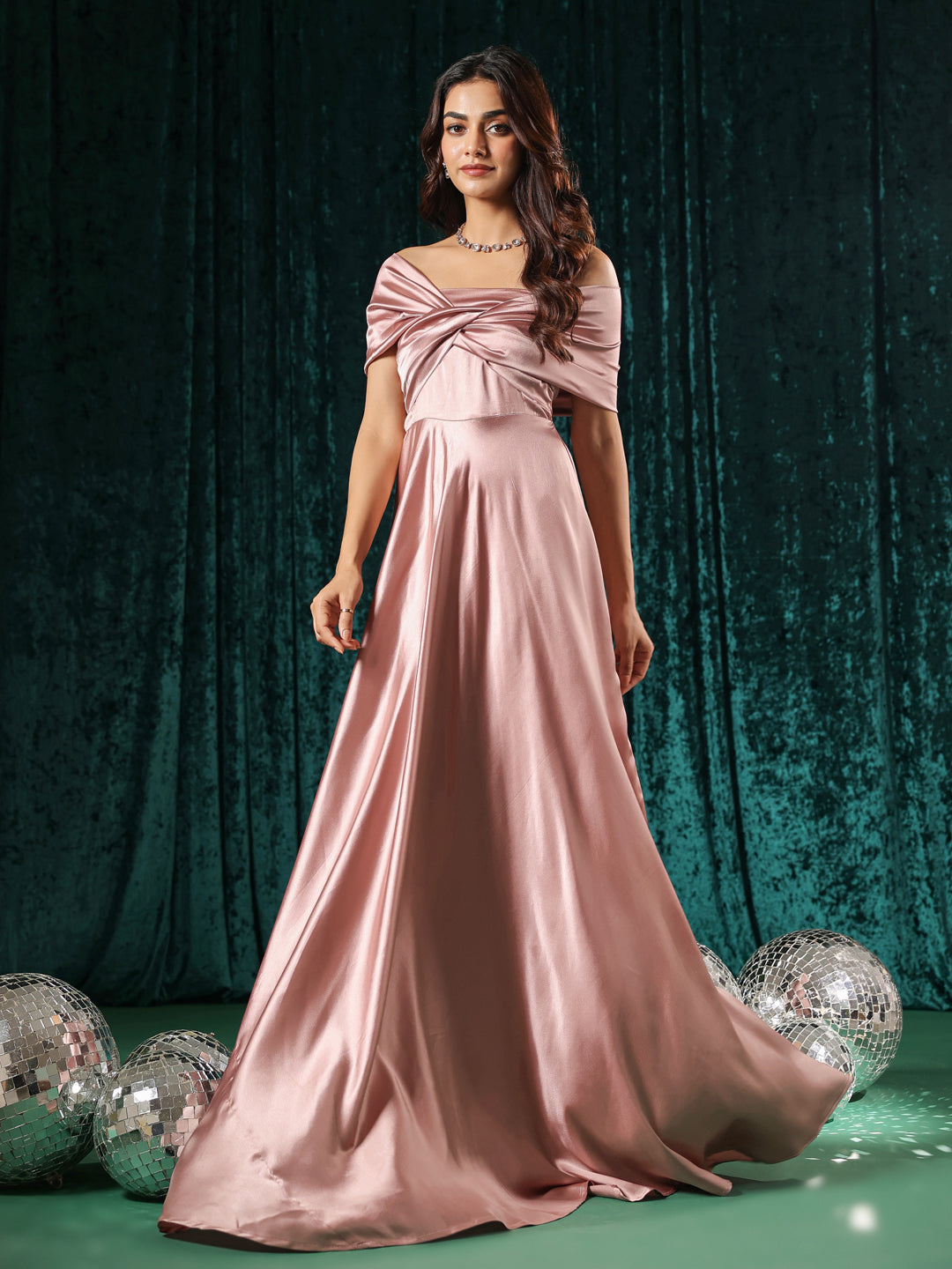 Rose Pink Twist Front Off Shoulder Gown