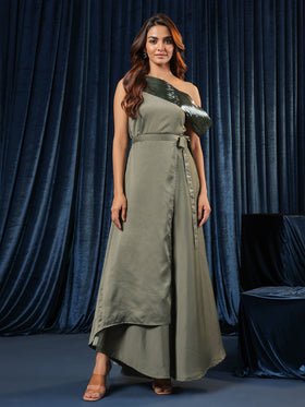 Olive Satin Embellished Dress