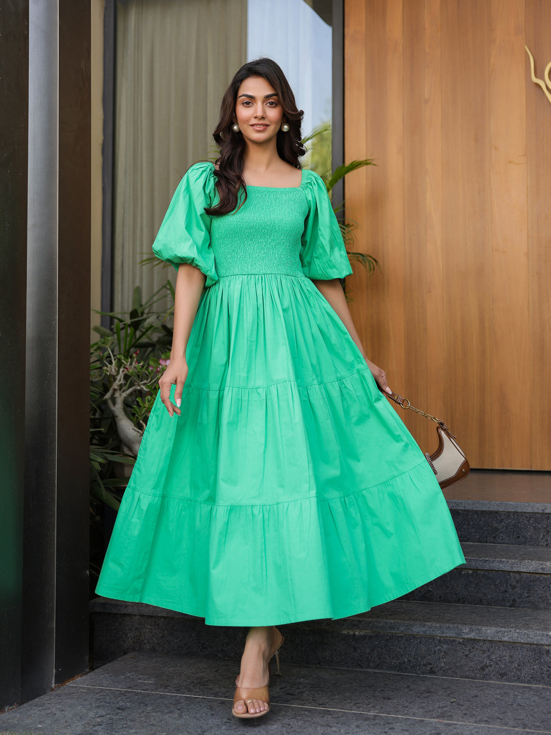 Vibrant Green Smocked Midi Dress