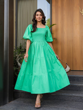 Vibrant Green Smocked Midi Dress
