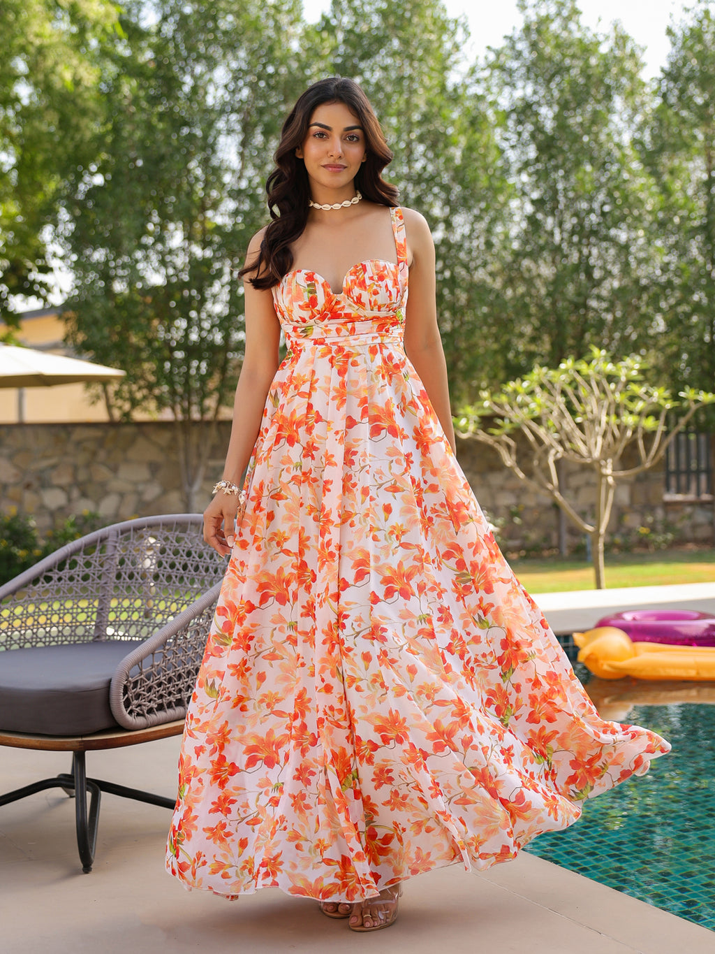 Orange Blossom Sweetheart Flare Maxi Dress