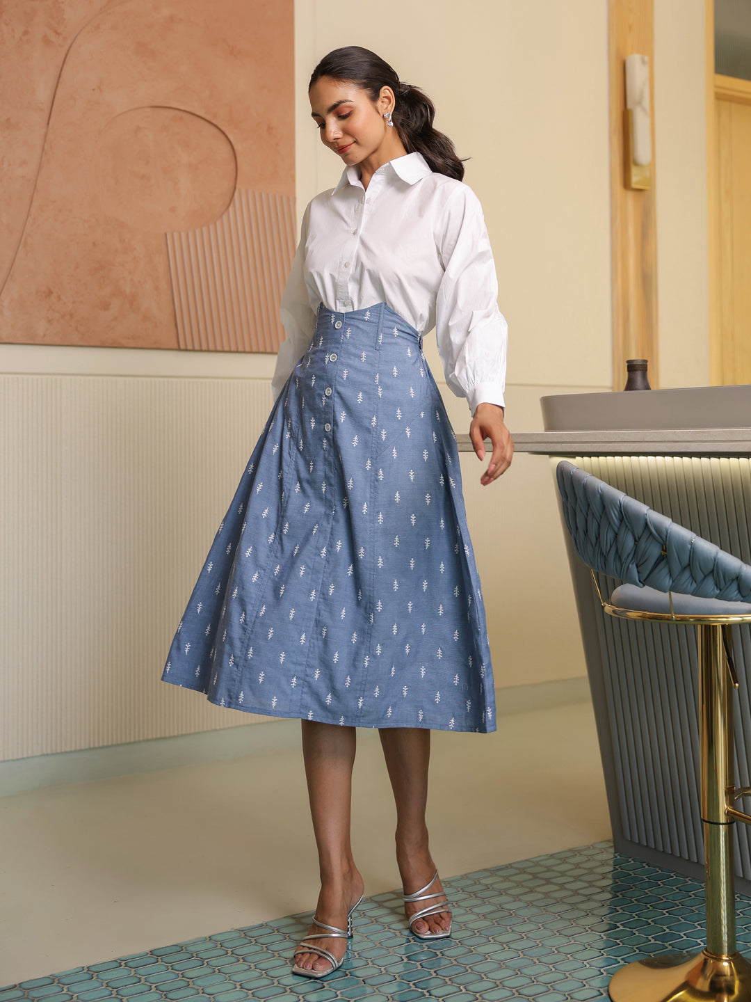 Pearl White Shirt & Embroidered Denim Skirt Set