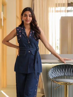 Floral Denim Blazer with Belt