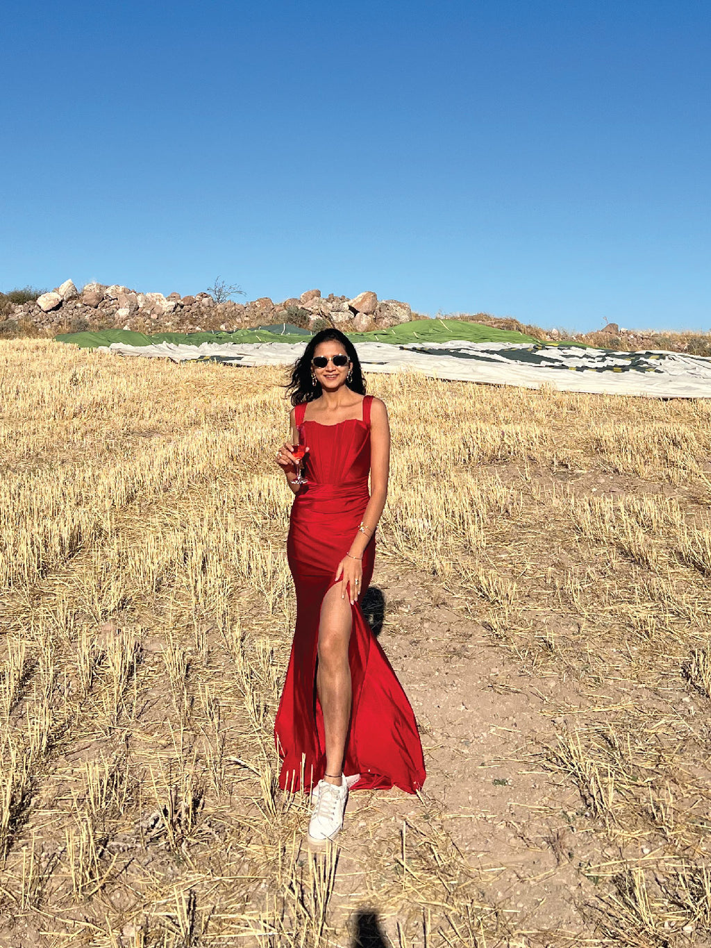 Vermilion Veil Off-Shoulder Slit Evening Gown