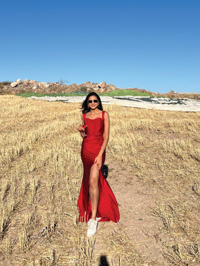 Vermilion Veil Off-Shoulder Slit Evening Gown