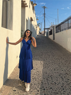 Royal Blue Pleated Tiered Maxi Gown